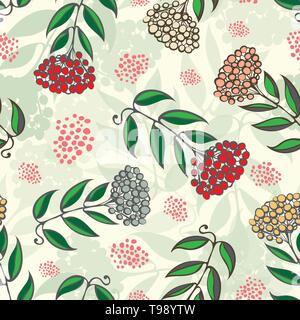 Christmas rowan tree branches with red, gold, silver berries. Seamless vector pattern on light green background with transparent leaf texture and Stock Vector