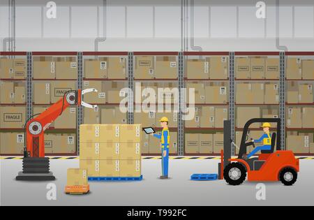 Warehouse in process with workers and robot arm working flat design vector illustration Stock Vector