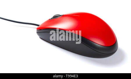side view red mouse with cable on white background with clipping path Stock Photo