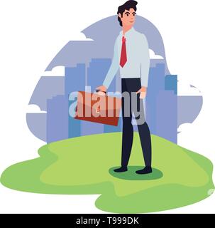 businessman with briefcase standing city background vector illustration ...