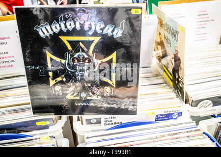 Nadarzyn, Poland, May 11, 2019 Motorhead vinyl album on display for sale, Vinyl, LP, Album, Rock, English rock band, collection of Vinyl background Stock Photo