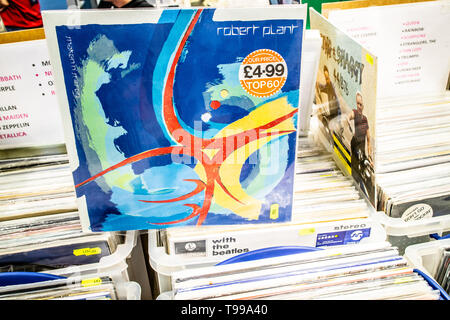 Nadarzyn, Poland, May 110, 2019 Robert Plant vinyl album on display for sale, Vinyl, LP, Album, Rock, English singer, collection of Vinyls
