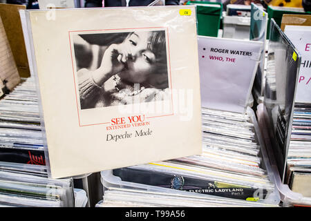 Nadarzyn, Poland, May 11, 2019 Depeche Mode vinyl album on display for sale, Vinyl, LP, Album, Rock, English electronic band, collection of Vinyls Stock Photo