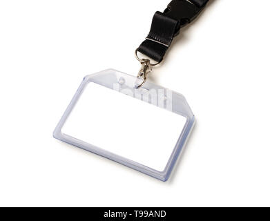 Blank bagde mockup isolated on white background. Nametag with black ribbon and transparent plastic paper holder. Stock Photo