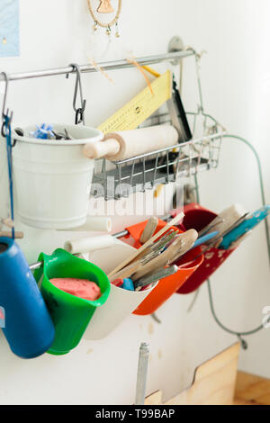 pottery tools for carving ceramic products in workshop Stock Photo