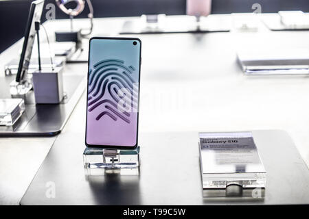 Nadarzyn, Poland, May 11, 2019: Samsung Galaxy S10 smartphone, presentation of Samsung S10 at exhibition showroom, stand at Warsaw Electronics Show, Stock Photo