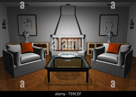 3D illustration. House. Inside the living room with TV, armchairs