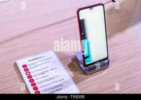 Nadarzyn, Poland, May 11, 2019: Huawei Y7 smartphone, presentation of Y7 2019 at Huawei exhibition showroom stand at Warsaw Electronics Show Stock Photo