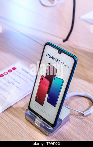 Nadarzyn, Poland, May 11, 2019: Huawei Y7 smartphone, presentation of Y7 2019 at Huawei exhibition showroom stand at Warsaw Electronics Show Stock Photo