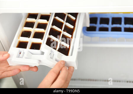 https://l450v.alamy.com/450v/t99dn5/woman-taking-trays-with-coffee-ice-cubes-out-of-fridge-t99dn5.jpg