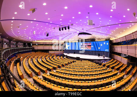 The hemicycle interior or eu parliament chamber, plenary chamber, gallery of the European Parliament building Brussels Belgium Eu Europe Stock Photo