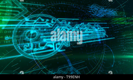 Cyber security, data protection and digital key sign on dynamic 3D binary background. Computer safety technology abstract concept 3d illustration. Stock Photo
