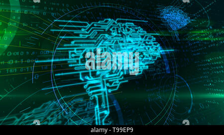 Cybernetic brain, deep machine learning and artificial intelligence abstract concept 3d illustration. Cyber mind hologram on digital background. Stock Photo