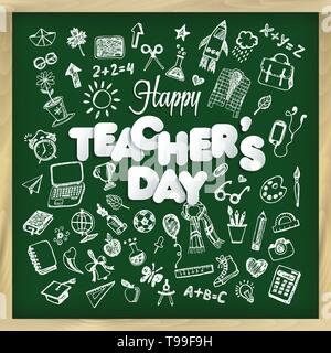 Happy teacher s day vector illustration in chalkboard style and lettering phrase. Stock Vector
