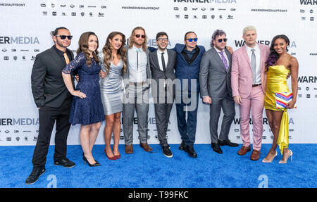 Matt Jackson, Britt Baker, Hangman Adam Page, Tony Khan, Nick Jackson, Kenny Omega, Cody Rhodes, Brandi Rhodes attend WarnerMedia Upfront 2019 outside of The Theater at Madison Square Garden (Photo by Lev Radin / Pacific Press) Stock Photo