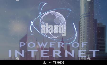 Power of internet text with 3d hologram of the planet Earth against the backdrop of the modern metropolis Stock Photo