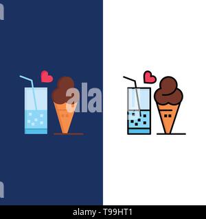 Food, Juice, Glass, Ice Cream, Cone  Icons. Flat and Line Filled Icon Set Vector Blue Background Stock Vector