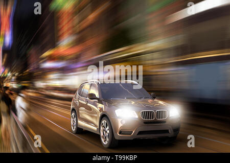 3D rendering of a SUV moving fast at night in a big city Stock Photo