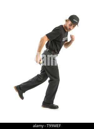 Running security guard on white background Stock Photo