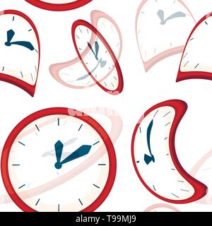Seamless pattern. Red clock faces with blue pointers. Deformed and distorted clock face. Flat vector illustration on white background. Stock Vector