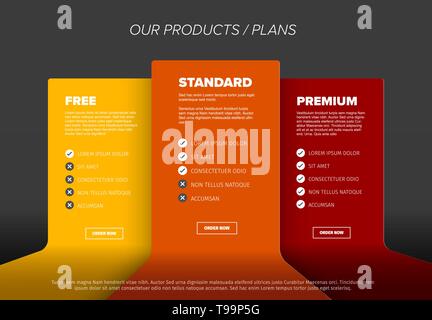 Product features schema template cards with three services, feature lists, order buttons and descriptions - dark yellow, orange and red version Stock Vector