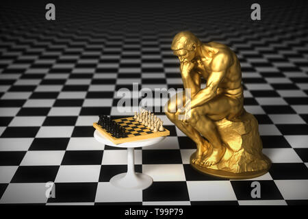 Gold Sculpture Thinker Pondering The Chess Game. 3D Illustration. Stock Photo