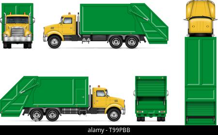 Realistic green garbage truck vector mockup. Isolated template of dump lorry on white background for vehicle branding, corporate identity Stock Vector