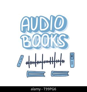 Audiobooks concept. Emblem of audio book symbols with lettering. Vector