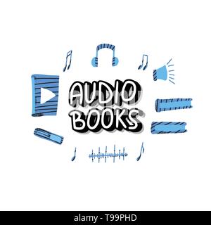 Audiobooks concept. Emblem of audio book symbols with lettering. Vector