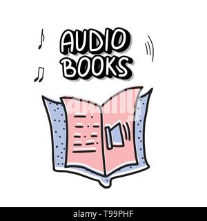 Audiobooks concept. Emblem of audio book symbols with lettering. Vector