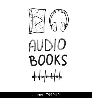 Audiobooks concept. Emblem of audio book symbols with lettering. Vector