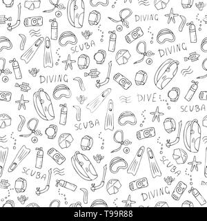 Seamless pattern of scuba diving equipment. Endless background with underwater activity symbols and accessories in doodle style. Vector illustration. Stock Vector