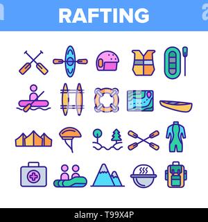 Rafting Trip, Sport Linear Vector Icons Set. Rafting, Kayaking Thin Line Contour Symbols Pack. Outdoor Activity, Adrenaline Chase Pictograms Collectio Stock Vector