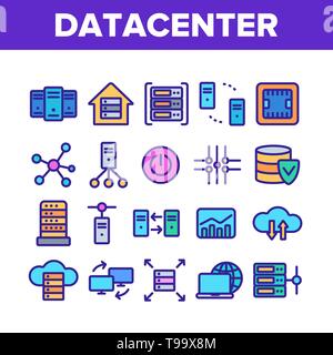 Data Center, Technology Linear Vector Icons Set. Data Analytics, Remote Access Thin Line Contour Symbols Pack. Cloud Computing, Networking Pictograms  Stock Vector