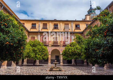 Inner courtyard of the Hospital San Juan De Dios in Granada, with orange trees and the Basilica. Stock Photo