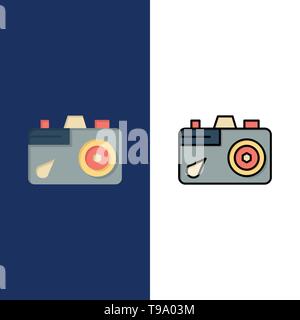 Camera, Education, Image, Picture  Icons. Flat and Line Filled Icon Set Vector Blue Background Stock Vector