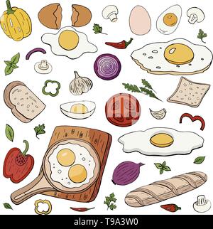Set of different food for morning breakfast - scrambled eggs and vegetables isolated on white. Stock Vector