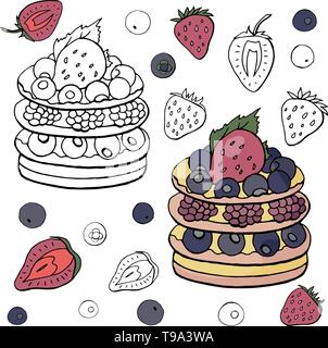 Black and white and colored cake with raspberries  isolated on white background. Raspberries cake. Stock Vector