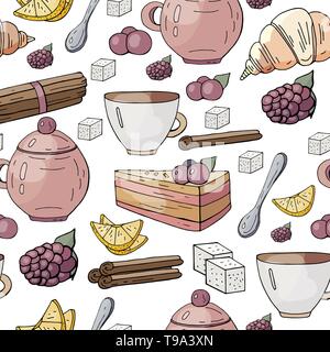 Seamless pattern with different tea and cakes elements isolated on white background. Stock Vector