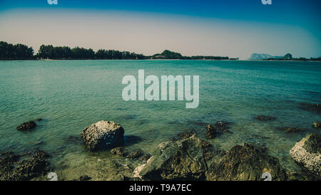 Panorama seascape natural dramatic blue color tone at  Ao Manao Bay beach Prachuap Khiri Khan is a beautiful sea ocean in Thailand Stock Photo