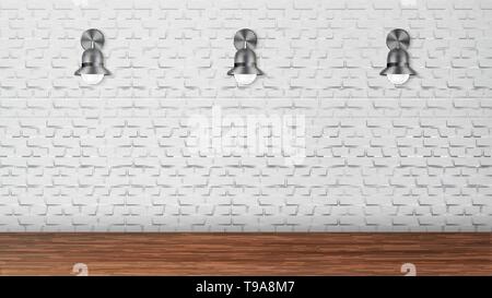 Design Black Sconces On White Brick Wall Vector. Creative Outdoor Elegant Decoration Light Equipment With Circle Bulbs On Building Wall. Country House Stock Vector