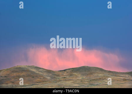 Storm light at sunrise over rolling hills of mixed-grass native prairie Grasslands National Park Saskatchewan Canada Stock Photo