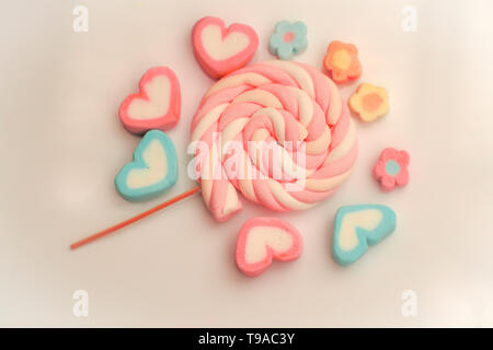 colorful candies marshmallow background, top view, copy space sweet idea Stock Photo