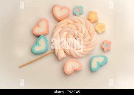 Colorful candies marshmallow background, top view, copy space sweet idea. Stock Photo