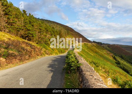 View east along a typical Irish countryside road (the R759 road above Lough Tay), Co Wicklow, Ireland. Stock Photo