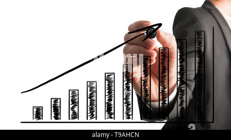 Businessman drawing an ascending bar graph with a black marker pen on a virtual interface over a white background during a presentation or planning me Stock Photo