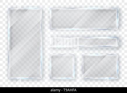 Glass plates set. Glass banners on transparent background. Flat glass. Vector illustration. Stock Vector
