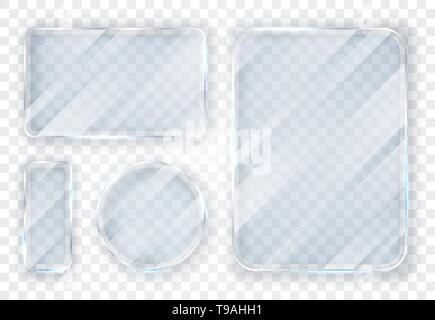 Glass plates set. Glass banners on transparent background. Flat glass. Vector illustration. Stock Vector
