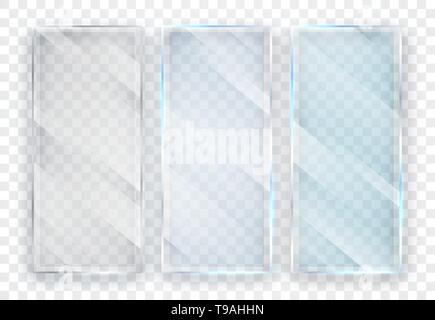 Glass plates set. Glass banners on transparent background. Flat glass. Vector illustration. Stock Vector