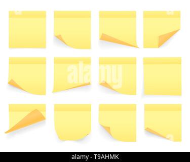 Collection of yellow colored sheets of note papers with curled corner and shadow, ready for your message. Realistic. Isolated on white background. Set Stock Vector